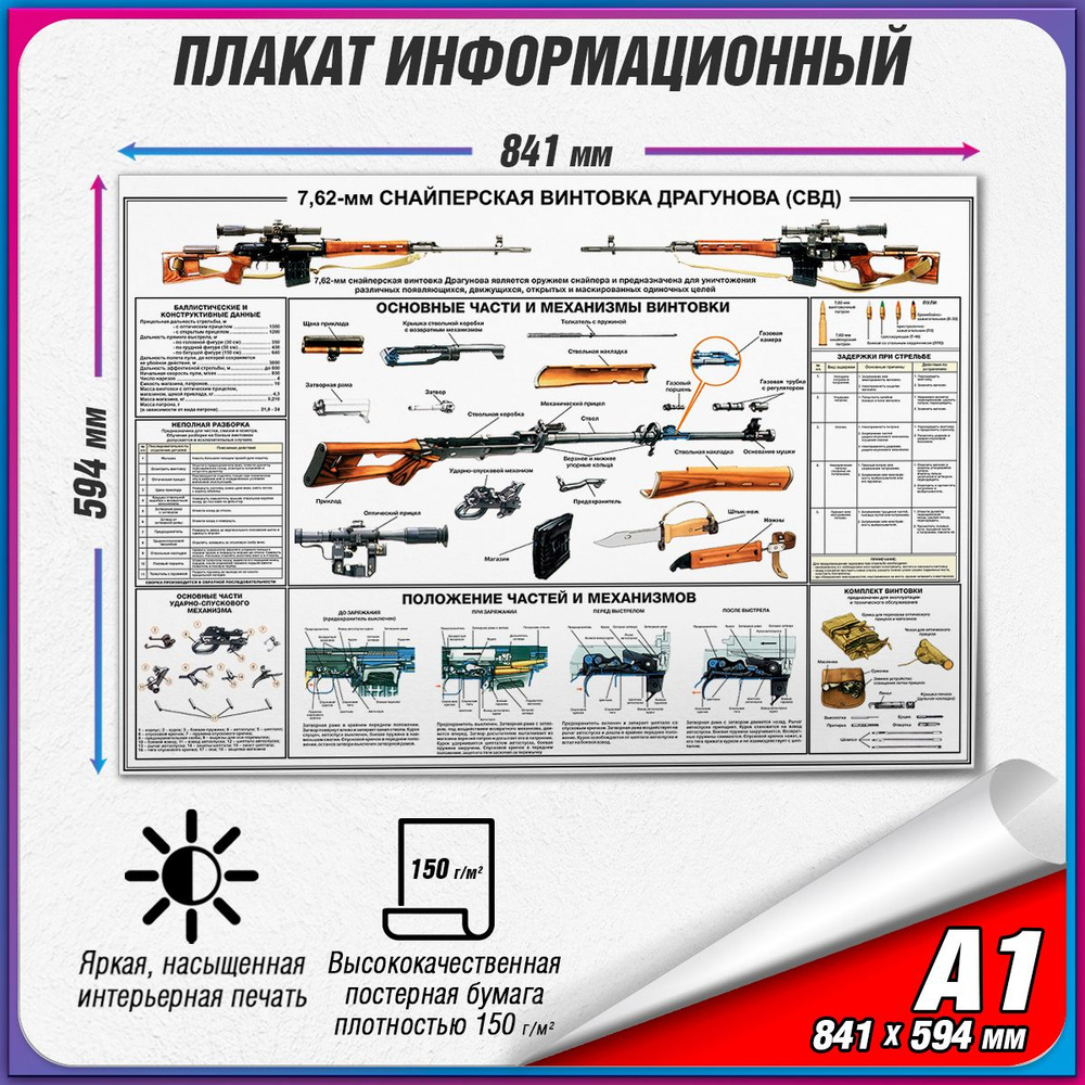 Информационный учебный плакат "7,62-мм Снайперская винтовка Драгунова (СВД)" / А1 (84x60 см.)  #1