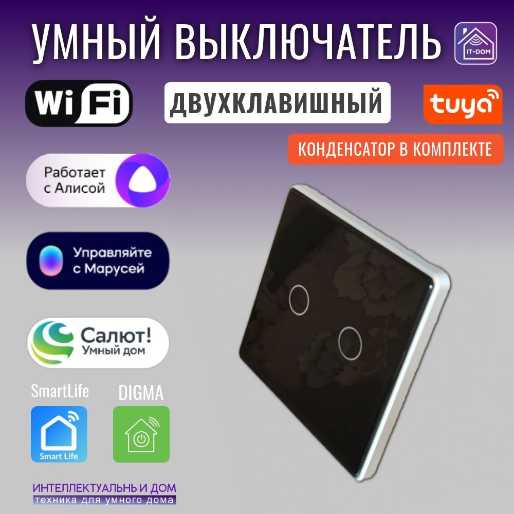 Умный Wi-Fi 2кл выключатель сенсор черный алюм с Алиса, Маруся, Салют  #1