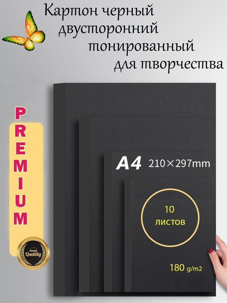 Картон черный А4 230 г/м2 двусторонний тонированный, 10 листов  #1