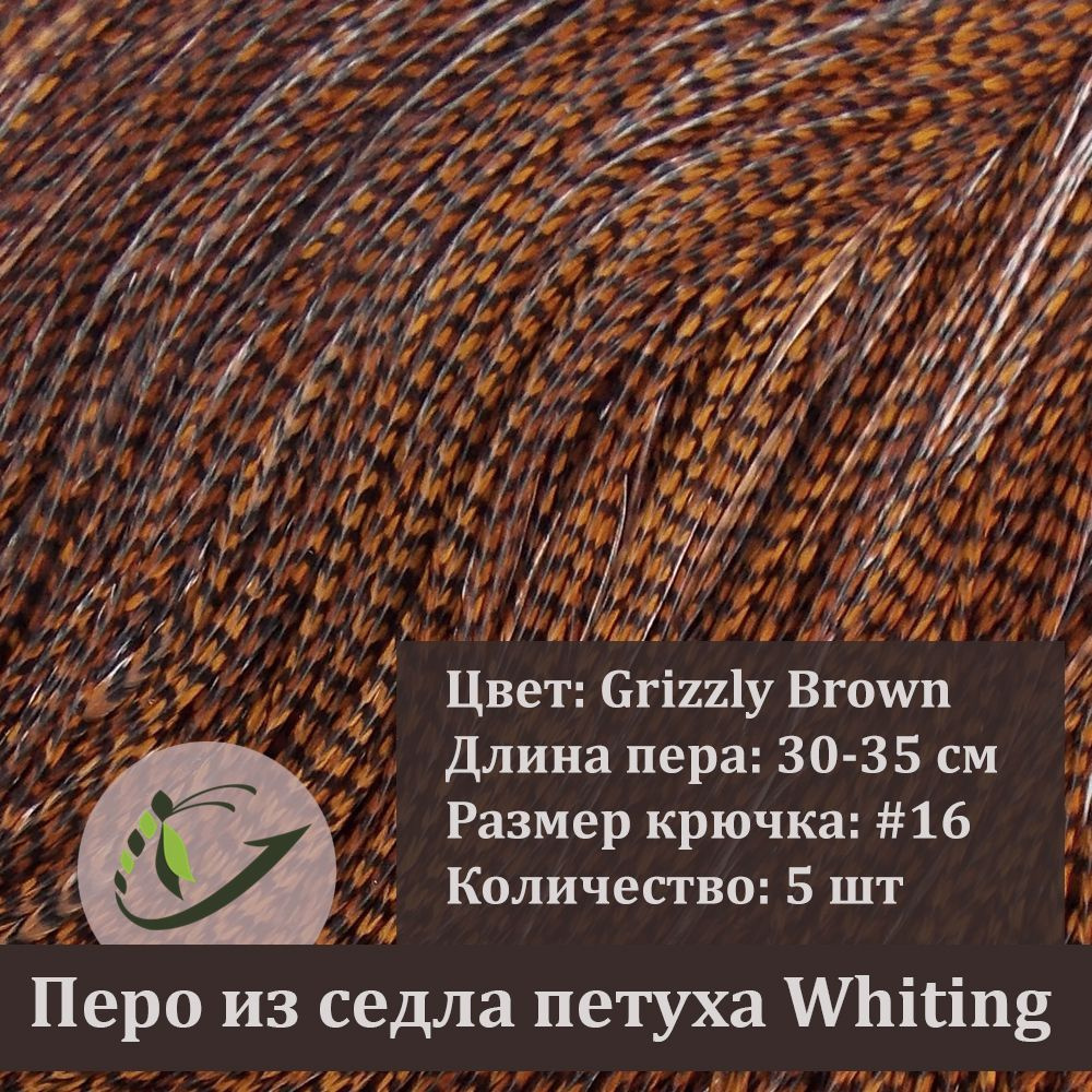 Перо петуха Whiting для вязания мушек, 5 шт, крючок #16, 30-35 см, цвет Grizzly Brown  #1