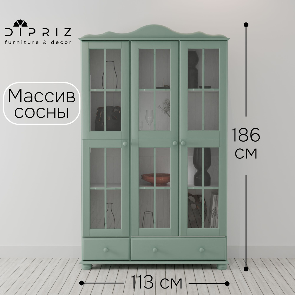 Dipriz Шкаф с витриной Бритта из массива сосны, 3 двери, 113х32х186 см, эвкалипт  #1