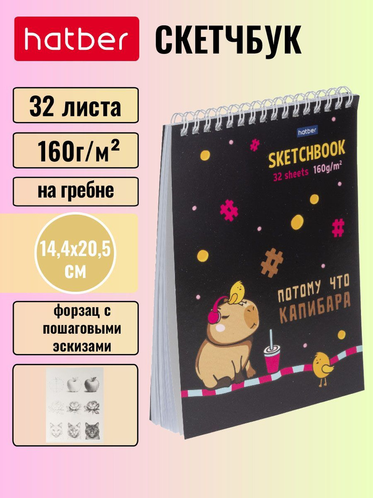 Блокнот SketchBook Hatber Premium 32л А5 160г/кв.м без линовки, запечатанный оборот с пошаговыми эскизами, #1