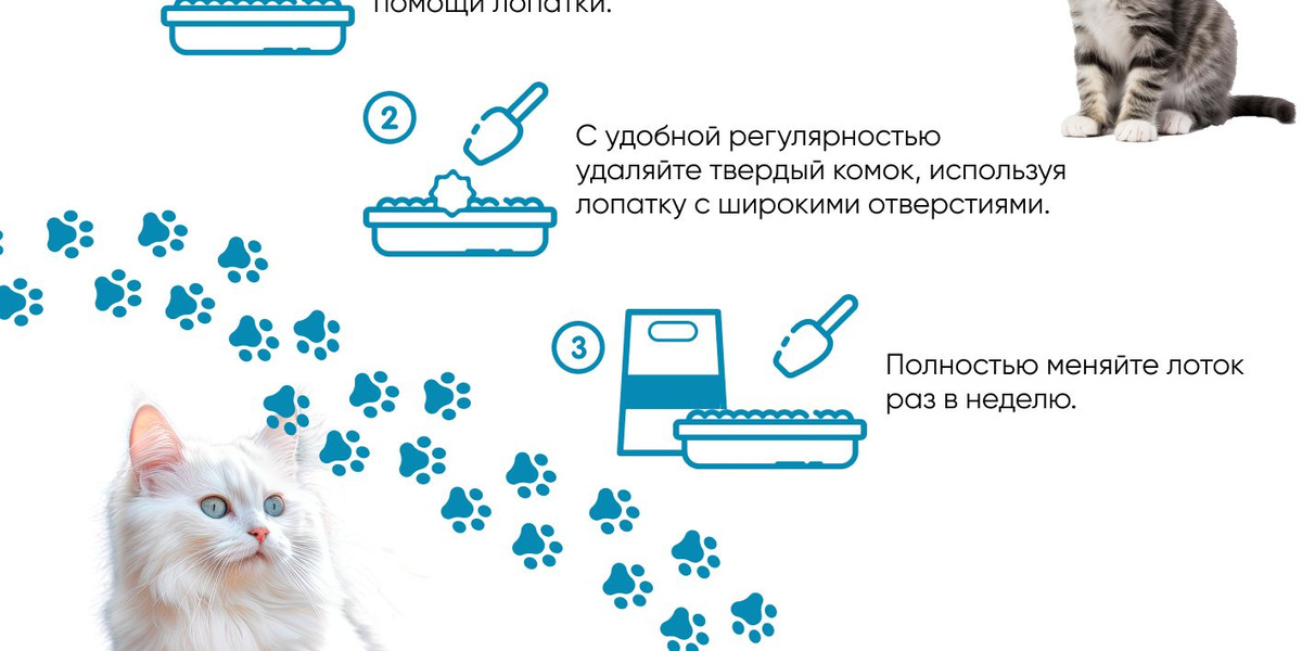 Наполните чистый лоток 5-7см наполнителя при помощи лопатки. С удобной регулярностью удаляйте твердый комок, используя лопатку с широкими отверстиями. Полностью меняйте лоток раз в неделю.