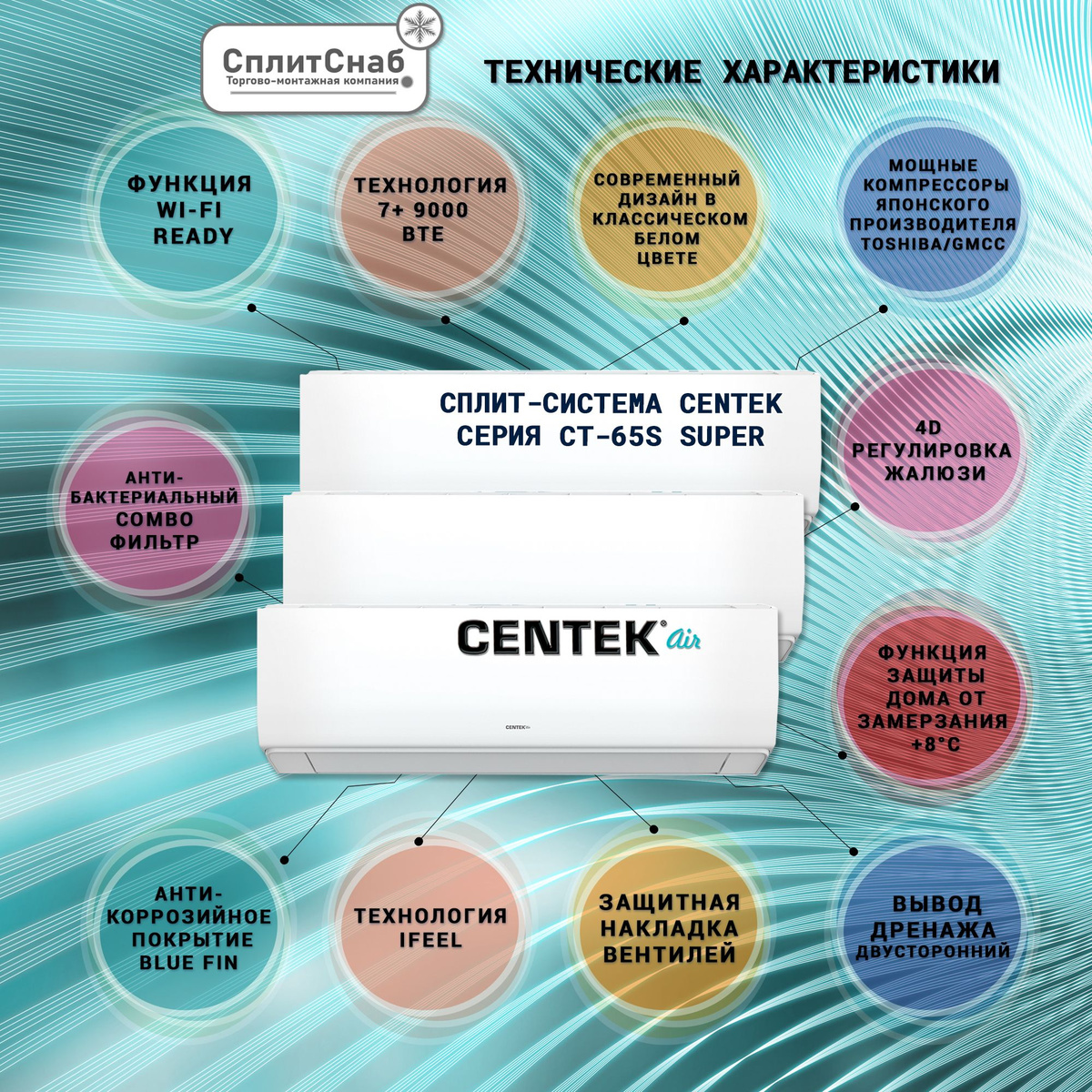 ON/OF Компрессор GMCC/TOSHIBA Класс энергоэффективности: А Wi Fi  доп. функция. Доступна при подключении модуля (в комплект поставки не входит) Противогрибковая функция Самоочистка Функция защиты от утечки фреона Авторазморозка Кондиционер (сплит система) Centek СТ-65S09 SUPER рассчитан на площадь до 27 кв.м Гарантия на технику 3 года