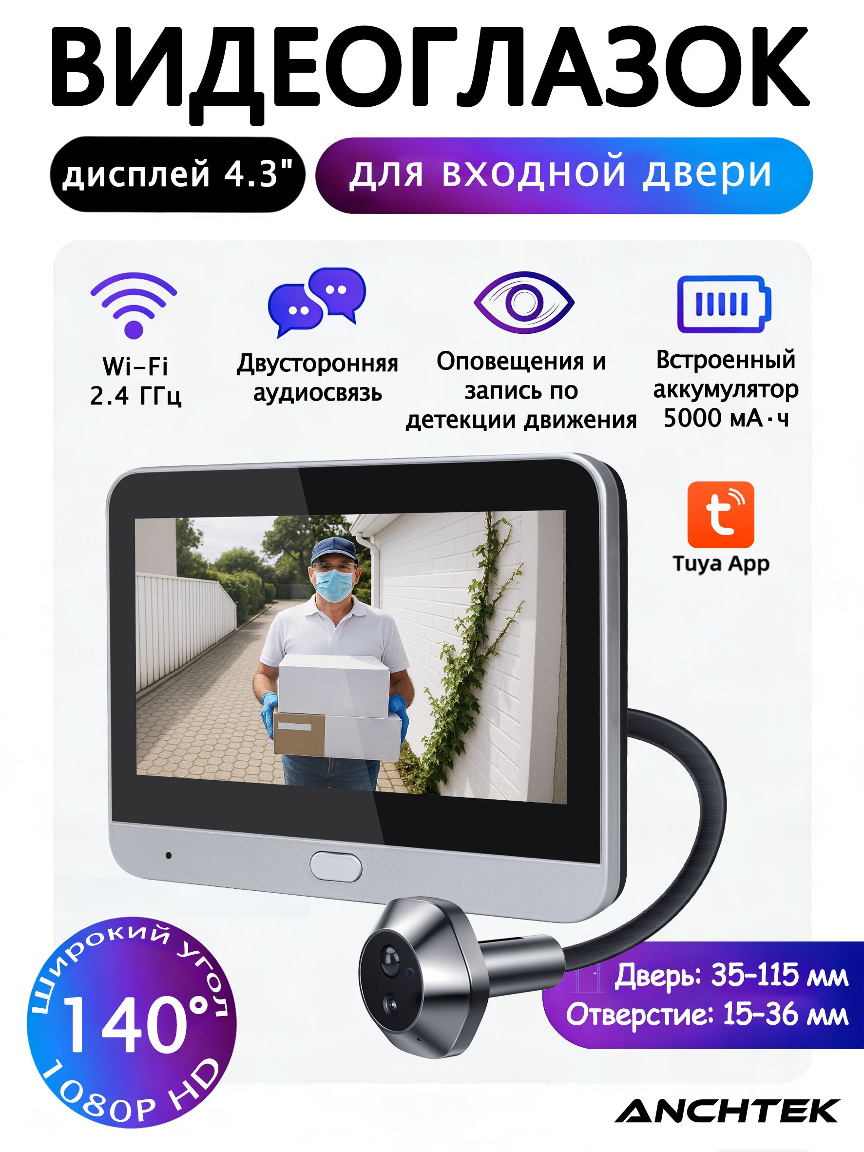 ВидеоглазокдлявходнойдвериED300Ptuyawifiсмонитором,записью,двустороннейсвязью