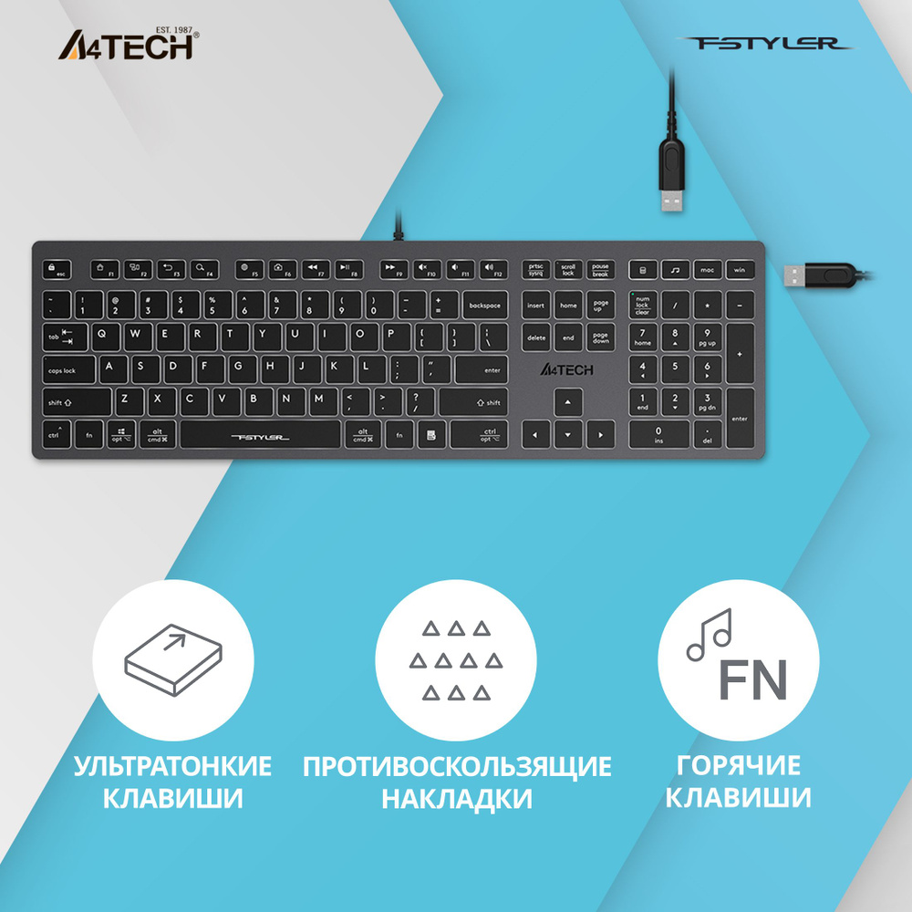A4Tech Клавиатура проводная Fstyler FX60H, Русская раскладка, серый, черный  #1