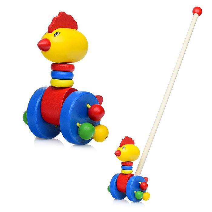 Игрушка каталка детская "Петушок" с ручкой красный/синий D0846 Щепочка  #1