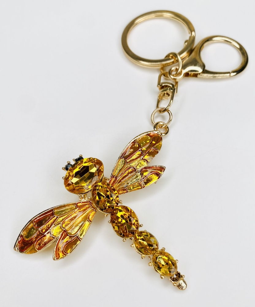 Брелок с карабином для ключей для сумки, большой золотой брелок с камнями, брелок золотая стрекоза с #1