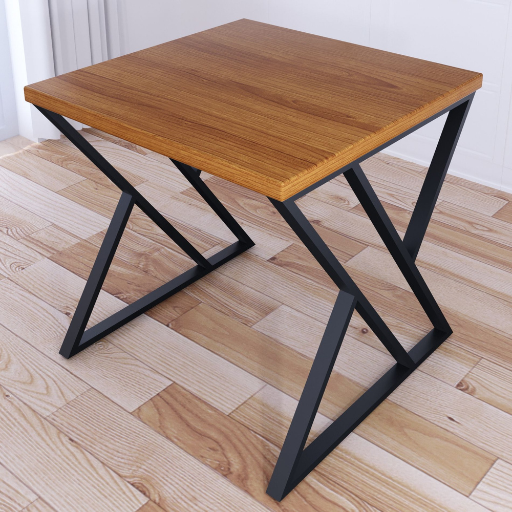 Стол кухонный Loft с квадратной столешницей цвета ольхи из массива сосны 40 мм и черными металлическими #1