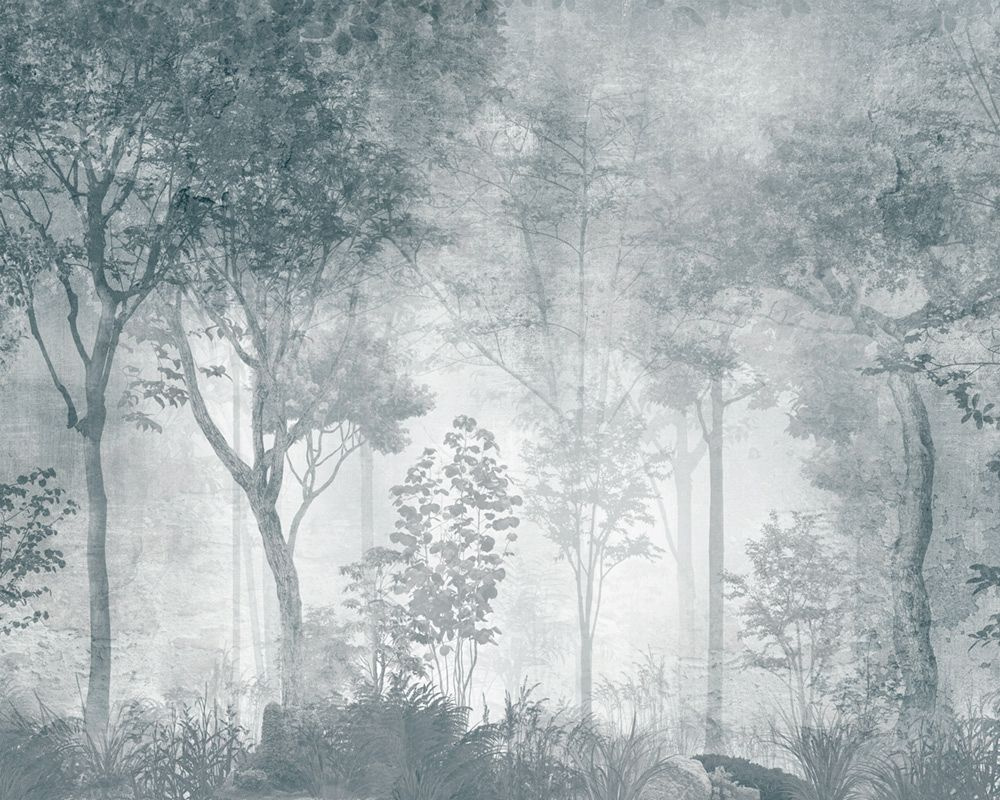 Фотообои флизелиновые на стену 3д GrandPik 10319 Лофт "Лес, деревья в тумане, винтаж, синий", 250х200 #1