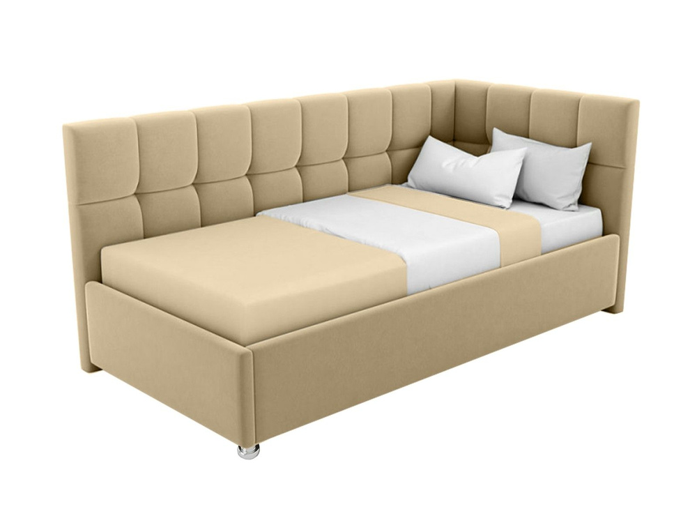 Односпальная кровать Эльза 80x200 основание металлическое с ламелями велюр бежевый ножки 5 см угол левый #1