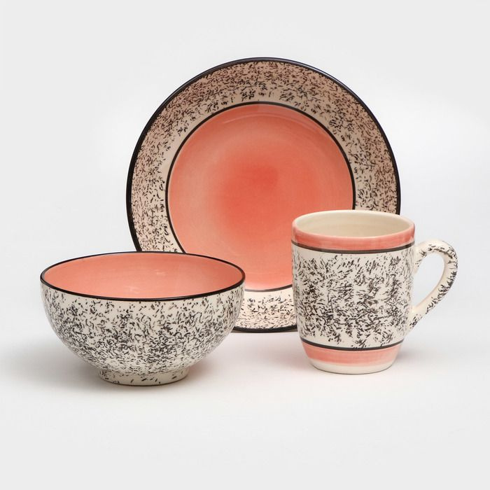 Набор керамической посуды "Алладин", 3 предмета: салатник 700 мл, тарелка 20 см, кружка 350 мл, розовый, #1
