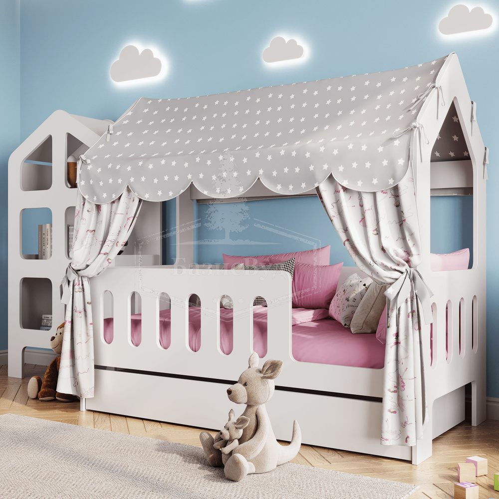 Кровать-домик, Кровать детская с бортиком под матрас 160х80, БазисВуд "Классик" с текстилем (серый, с #1