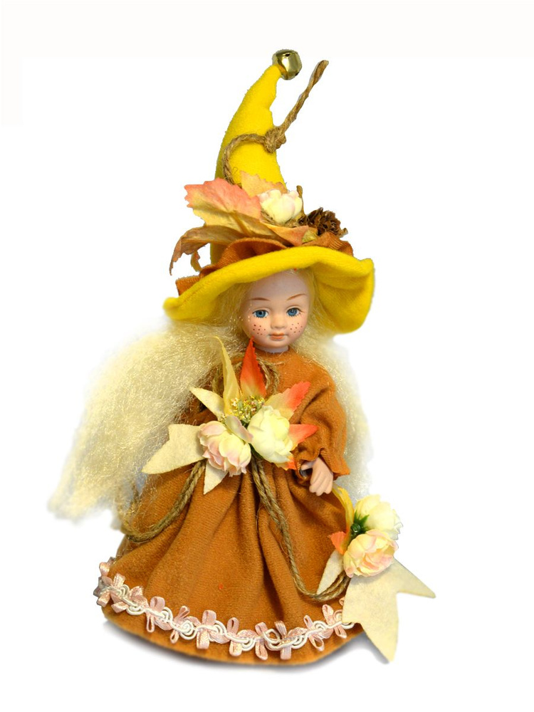 Кукла керамическая фарфоровая декоративная девочка - эльф в колпачке желтая , высота 17 см  #1