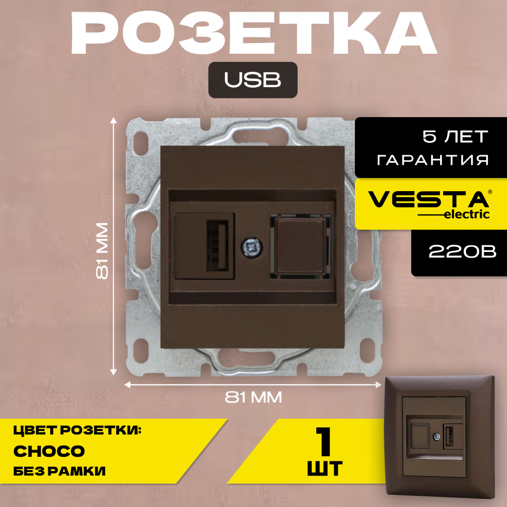 Розетка USB без рамки темно-коричневая Vesta-Electric Roma CHOCO #1