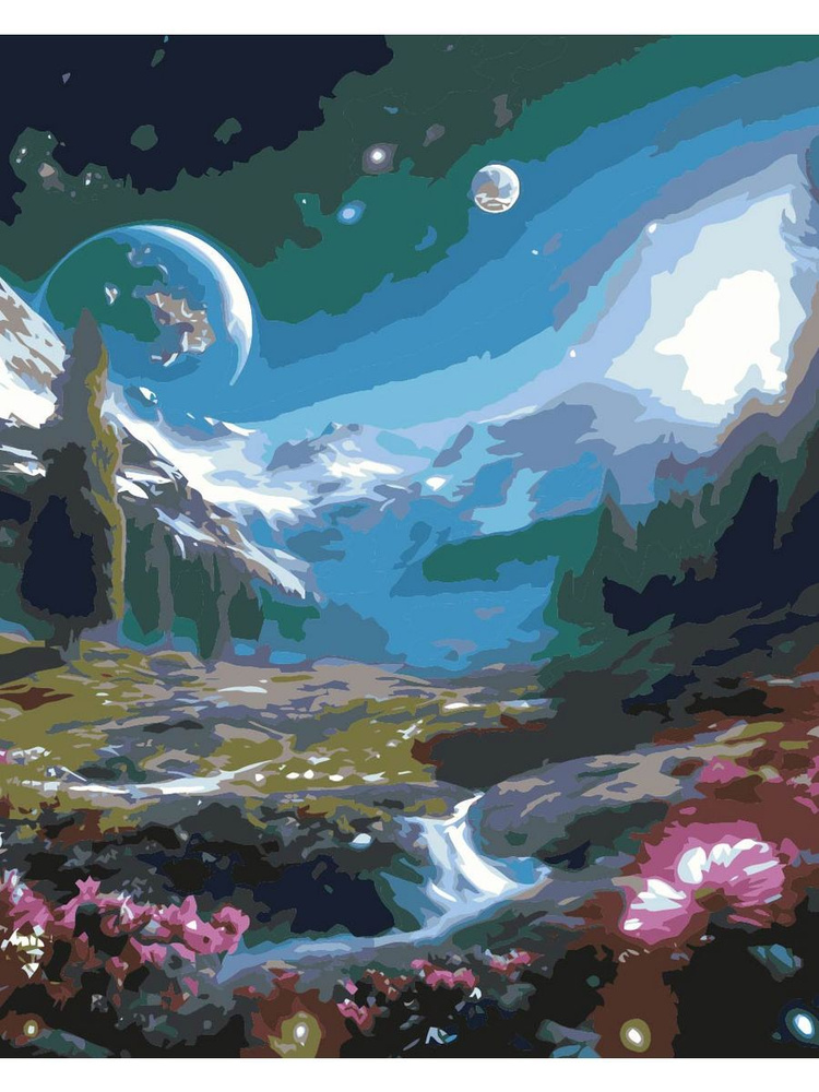 Картина по номерам цветущая планета на холсте с деревянным подрамником размер 40х50, акриловые краски, #1
