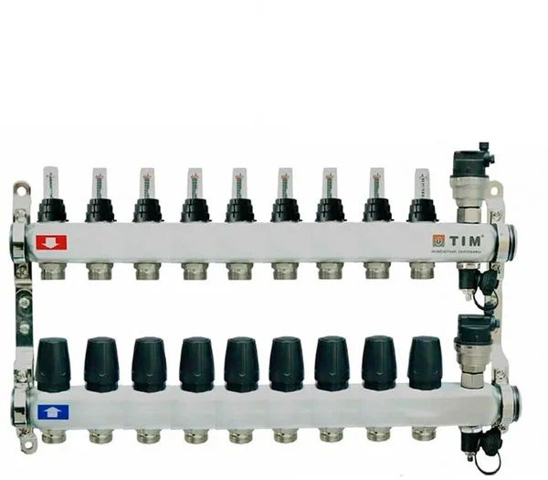 Коллектор для теплого пола из нержавеющей стали 1", 9 выхода с регулирующими и балансировочными клапанами #1