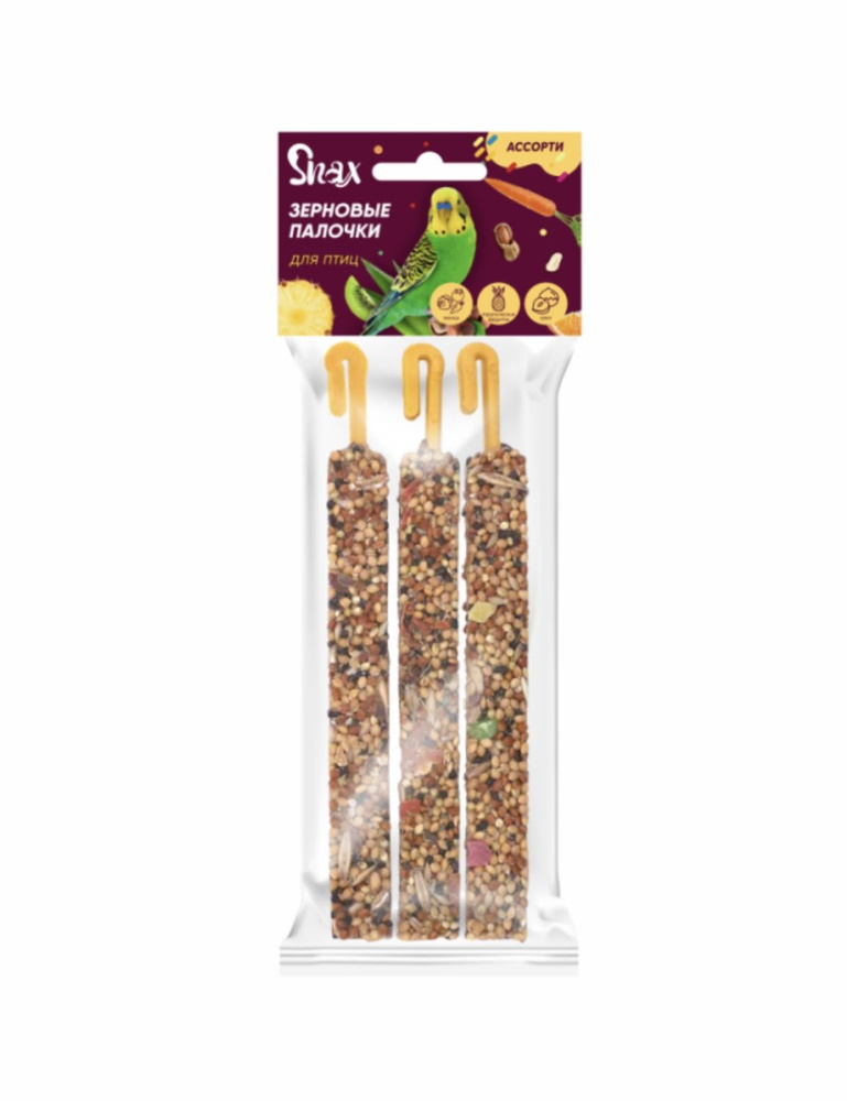 Зерновые палочки для птиц Snax ассорти (овощи, тропические фрукты, орех) 3 шт (75г) х 3 упаковки  #1
