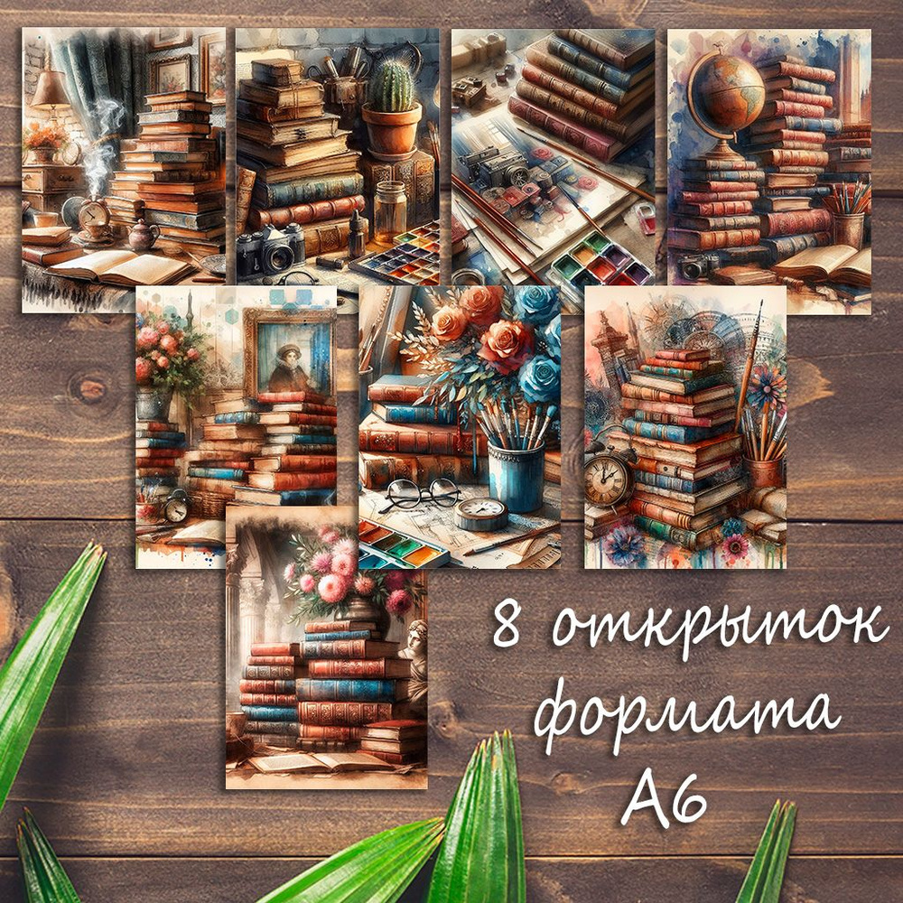 Большой набор открыток Книги, библиотека, 8 штук #1