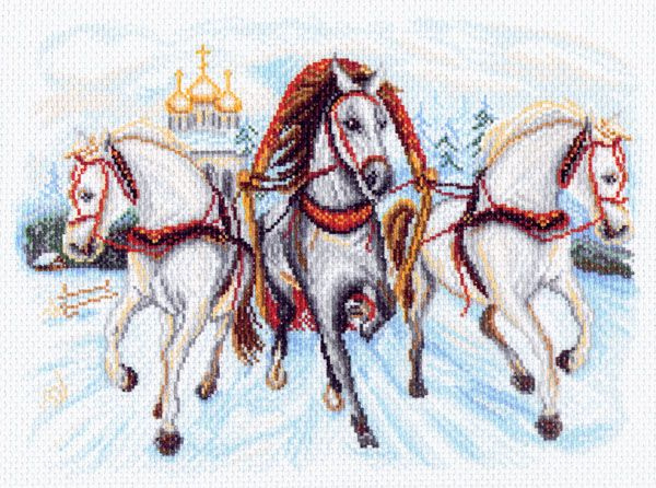Канва с нанесенным рисунком Матренин Посад "Тройка лошадей", для вышивания крестом, 27х38 см  #1