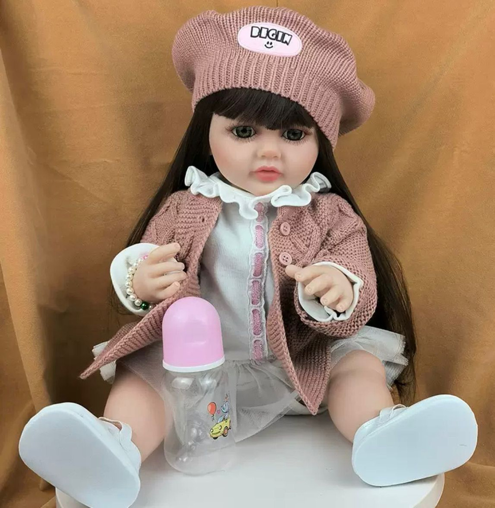 Интерактивная кукла/Говорящая Кукла reborn Силиконовая 55 см брюнетка в платье и берете  #1