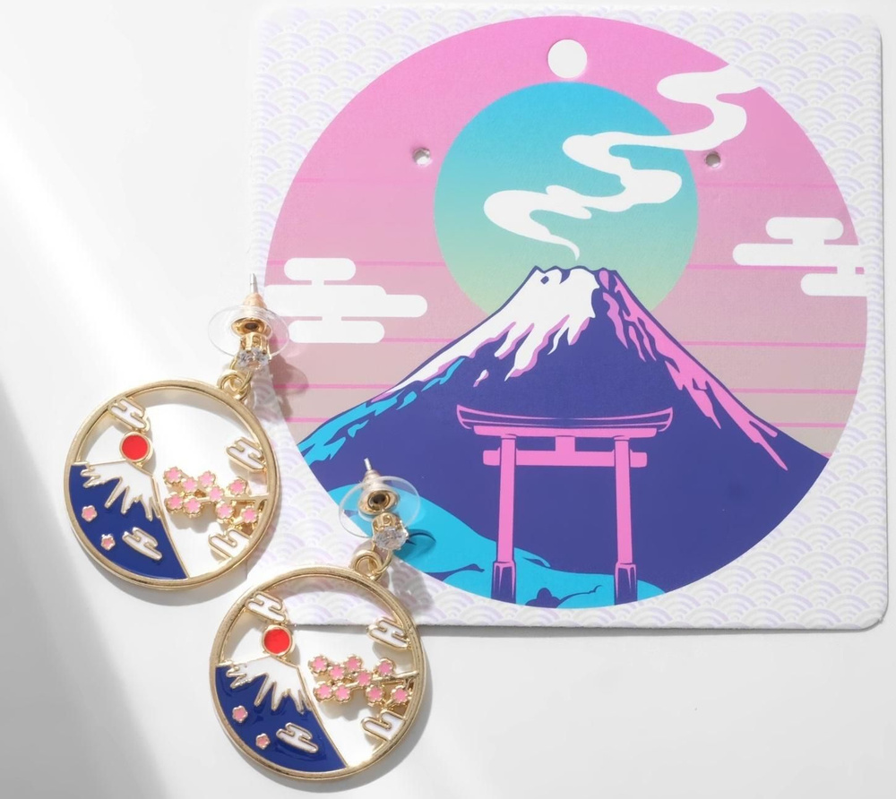 Серьги Япония горы и сакура, цветные в золоте #1