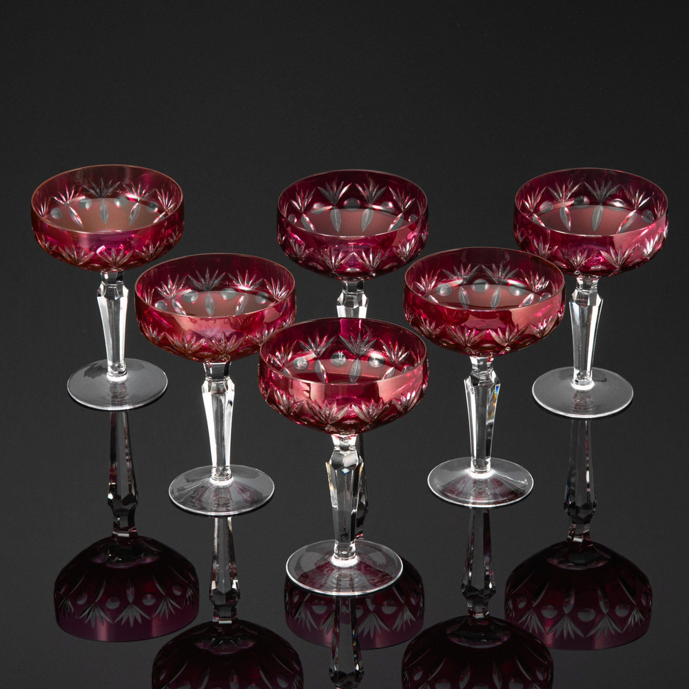 Набор бокалов для шампанского рубинового цвета на 6 персон, украшенных резным декором, хрусталь, алмазная #1