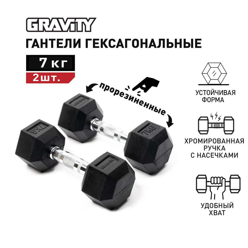 Пара гексагональных гантелей Gravity, вес одной гантели 7 кг, общий вес 14 кг, цвет черный  #1