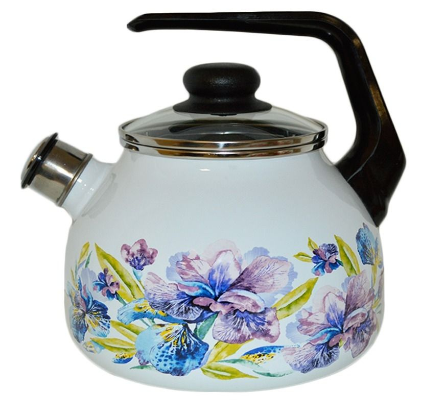 Чайник эмалированный СтальЭмаль IRIS 1RC12, со свистком и стеклянной крышкой, белый 3л / кухонная утварь #1