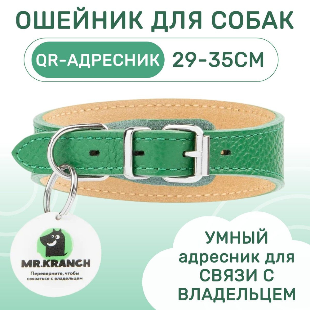 Ошейник-селедка Mr.Kranch для собак из натуральной кожи с QR-адресником, 29-35 см, зелёный  #1