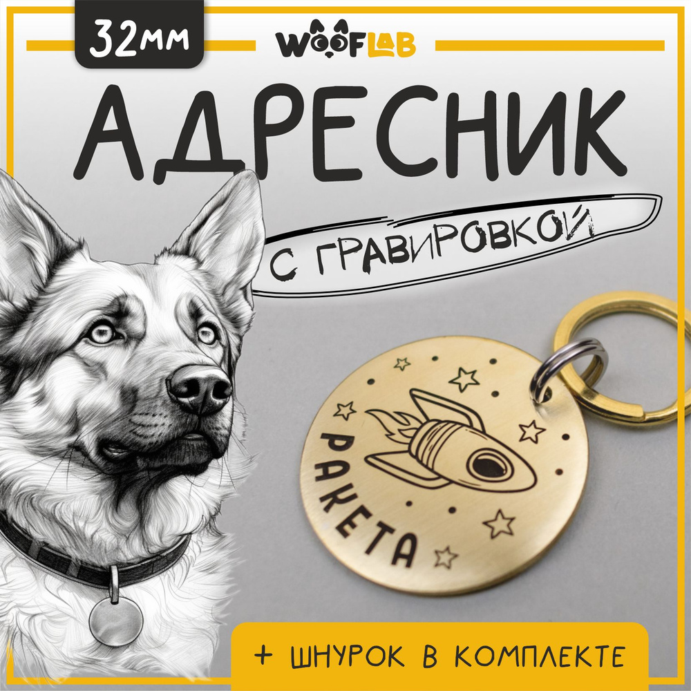 Адресник с гравировкой и шнурком для собак, круглый 32мм, Wooflab  #1