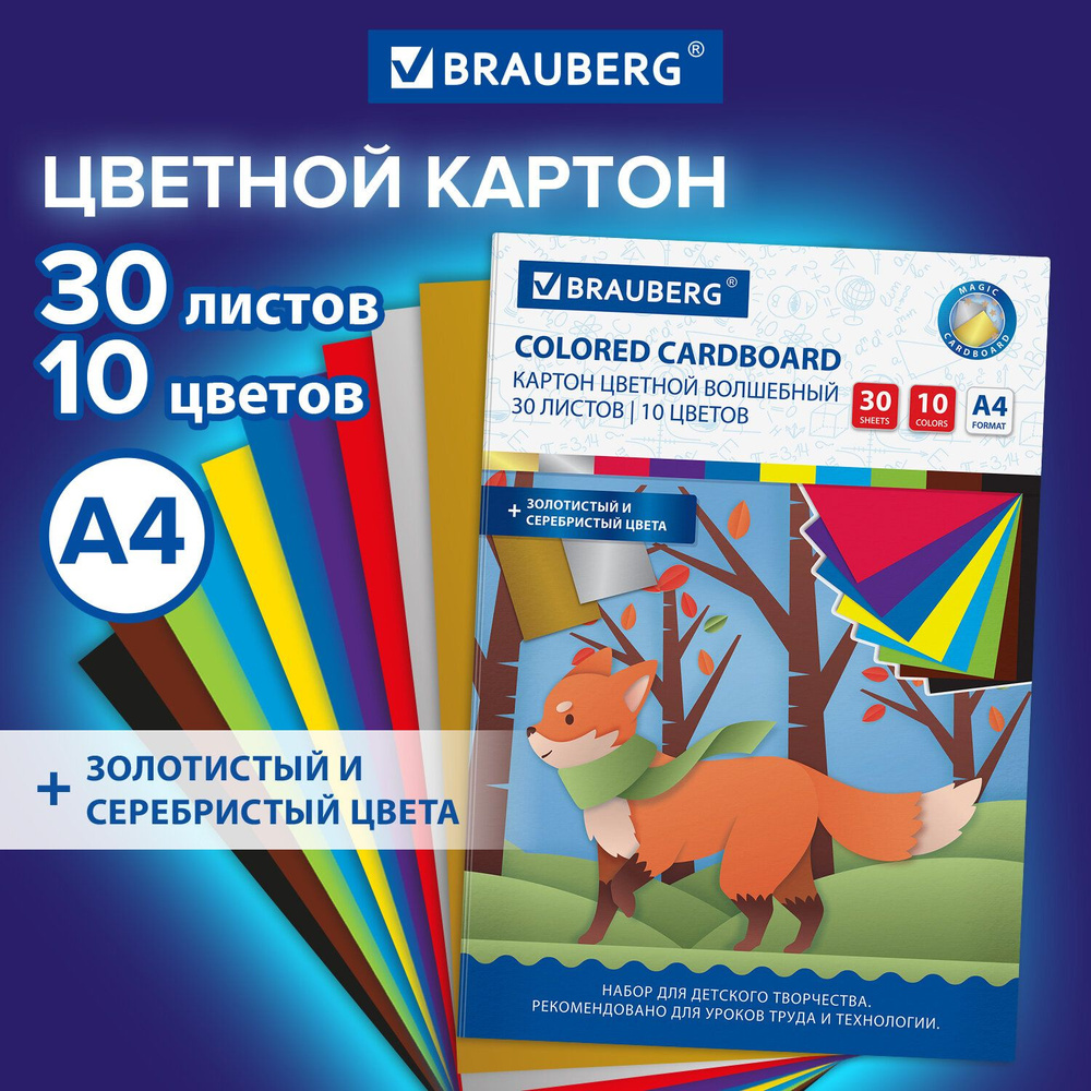 Цветной картон для школы набор А4 матовый, 30 листов 10 цветов в папке, канцелярия для школьников, для #1