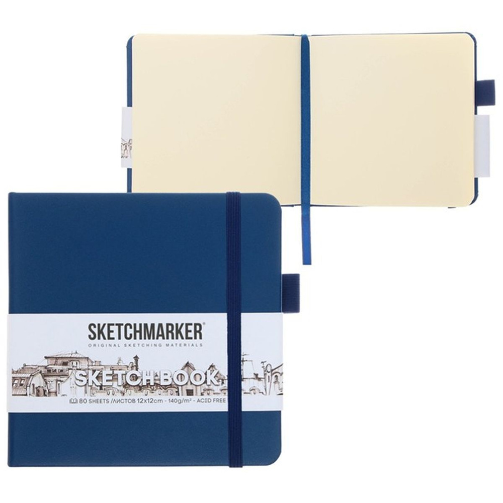 Скетчбук Sketchmarker, 120 х 120 мм, 80 листов, твёрдая обложка из искусственной кожи, синий, блок 140 #1