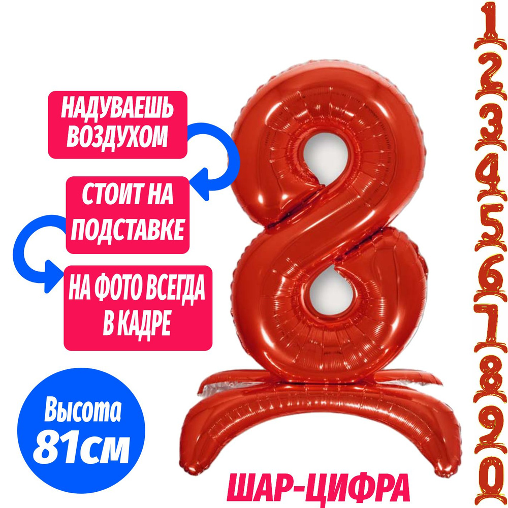 Шар цифра 8 на подставке, красный 81 см #1