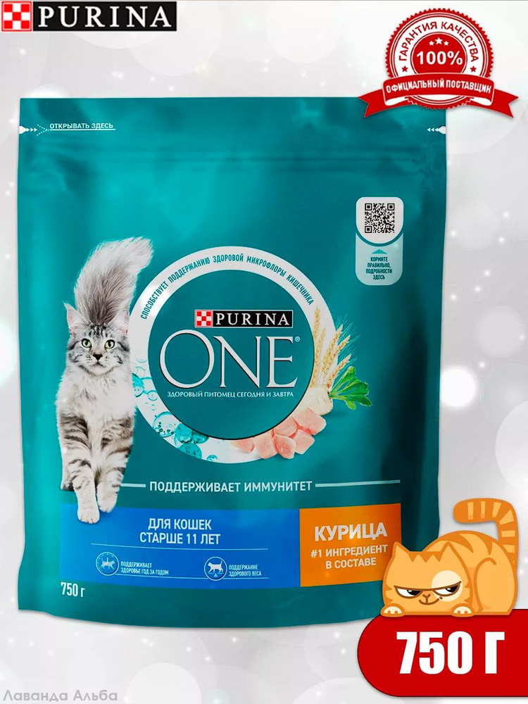 Сухой корм Purina ONE полнорационный для кошек старше 11 лет, с высоким содержанием курицы, 750 г  #1