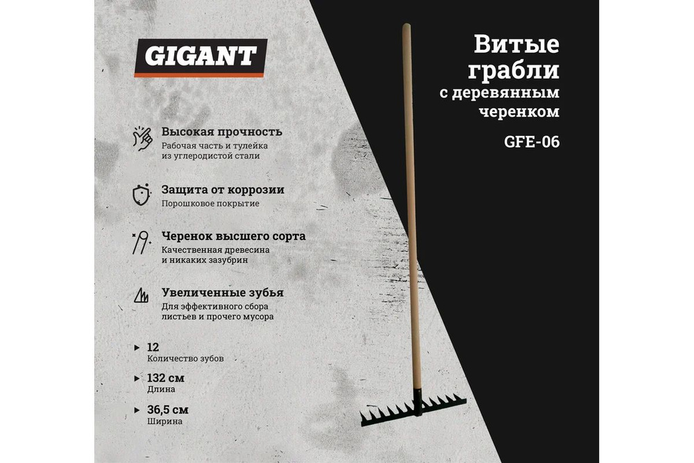 Витые грабли с деревянным черенком Gigant 12-ти зубые GFE-06 #1