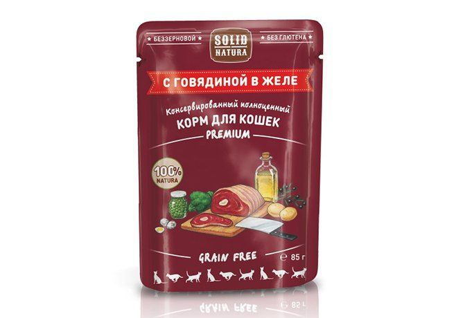 Solid Natura Premium / Паучи Солид Натура Беззерновые для кошек, Говядина в желе, 85г х 14шт  #1