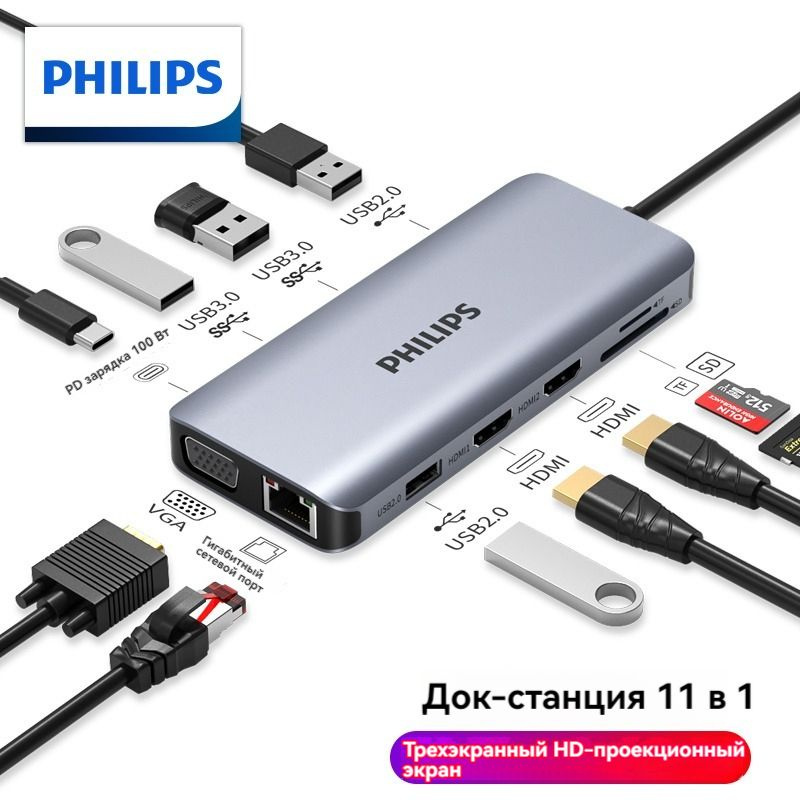 USB-концентратор, Philips Gigabit Ethernet порт док-станция THDMI*2/VGA 4K адаптер для проекции экрана #1