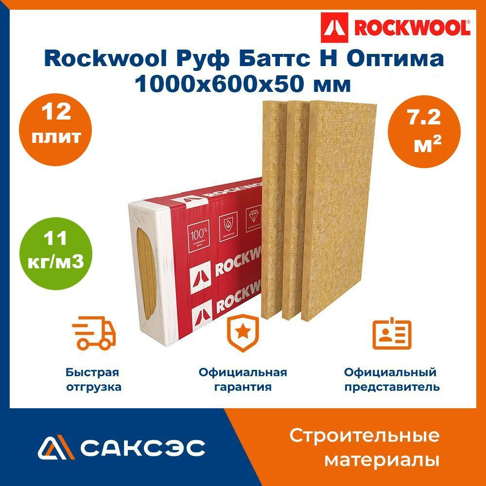 Утеплитель для плоской кровли из минеральной ваты Rockwool Руф Баттс Н Оптима 1000х600х50 мм, 12 плит, #1