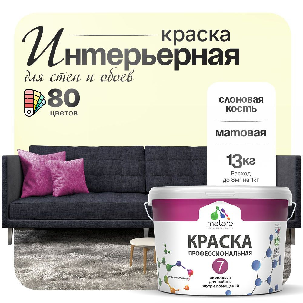 Краска Malare Professional Euro №7 интерьерная для стен и обоев, для потолка, акриловая, быстросохнущая, #1