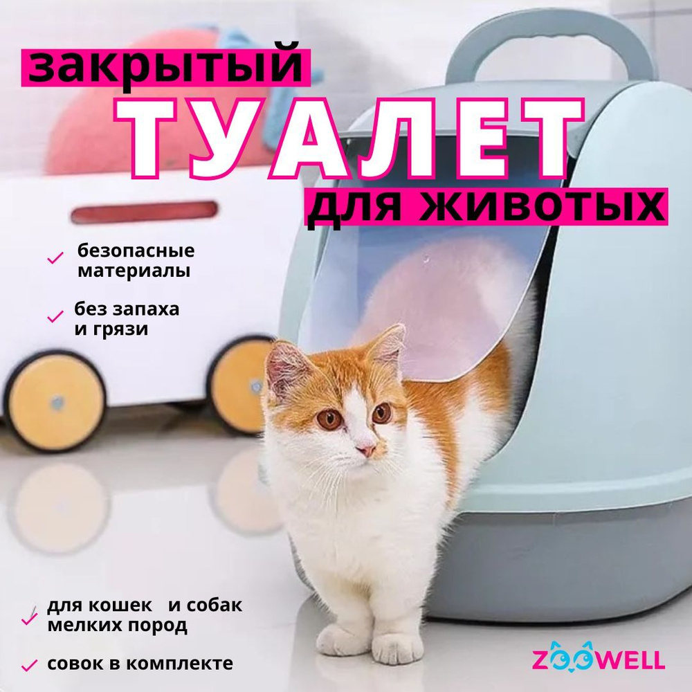 Туалет для котят и кошек закрытый Zoowell Blue (размер 56х39х42 см, цвет голубой) / Лоток для кошек закрытый #1