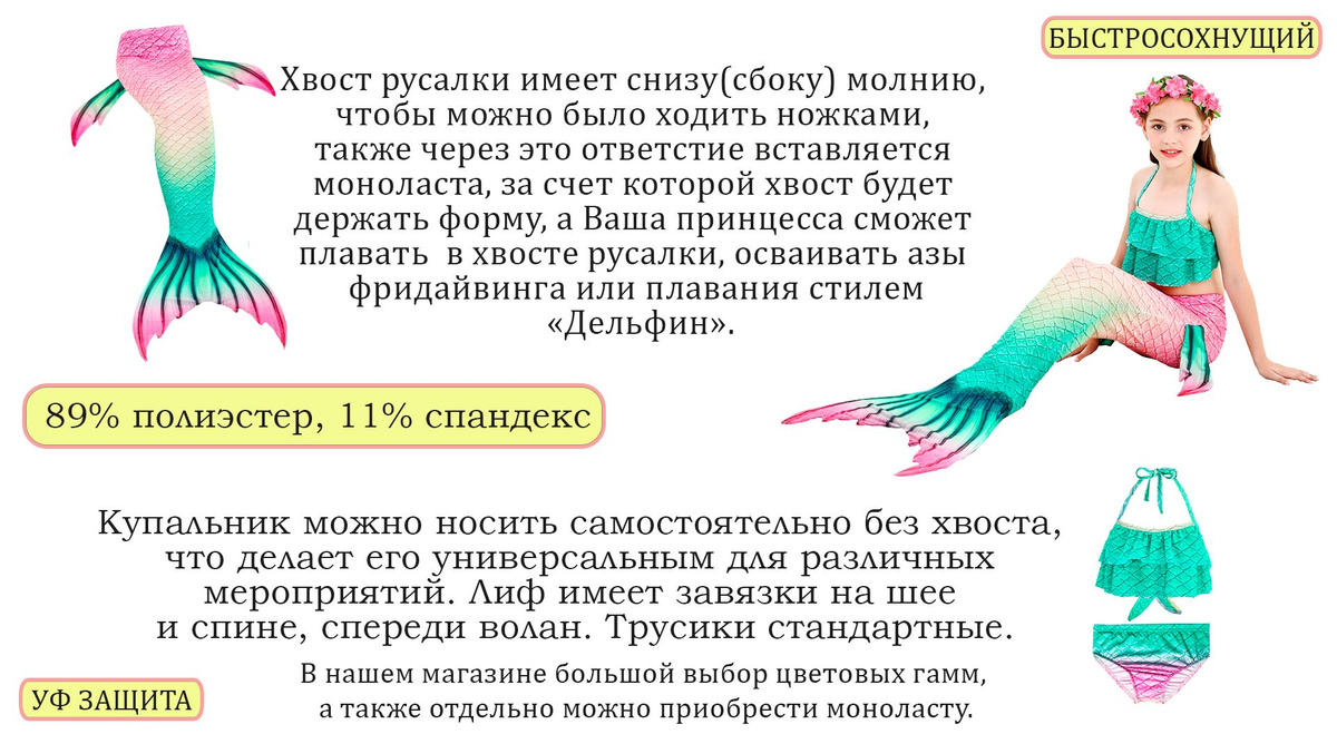 Подарите вашей дочке, племяннице или внучке незабываемый момент с нашим волшебным костюмом русалочки. Этот прекрасный комплект превратит их детство в увлекательное приключение, позволяя им ощутить себя настоящими морскими принцессами. Набор русалочки станет не только замечательным подарком, но и источником радости и восхищения для вашей маленькой принцессы, вдохновляя ее на фантазии и волшебные игры.