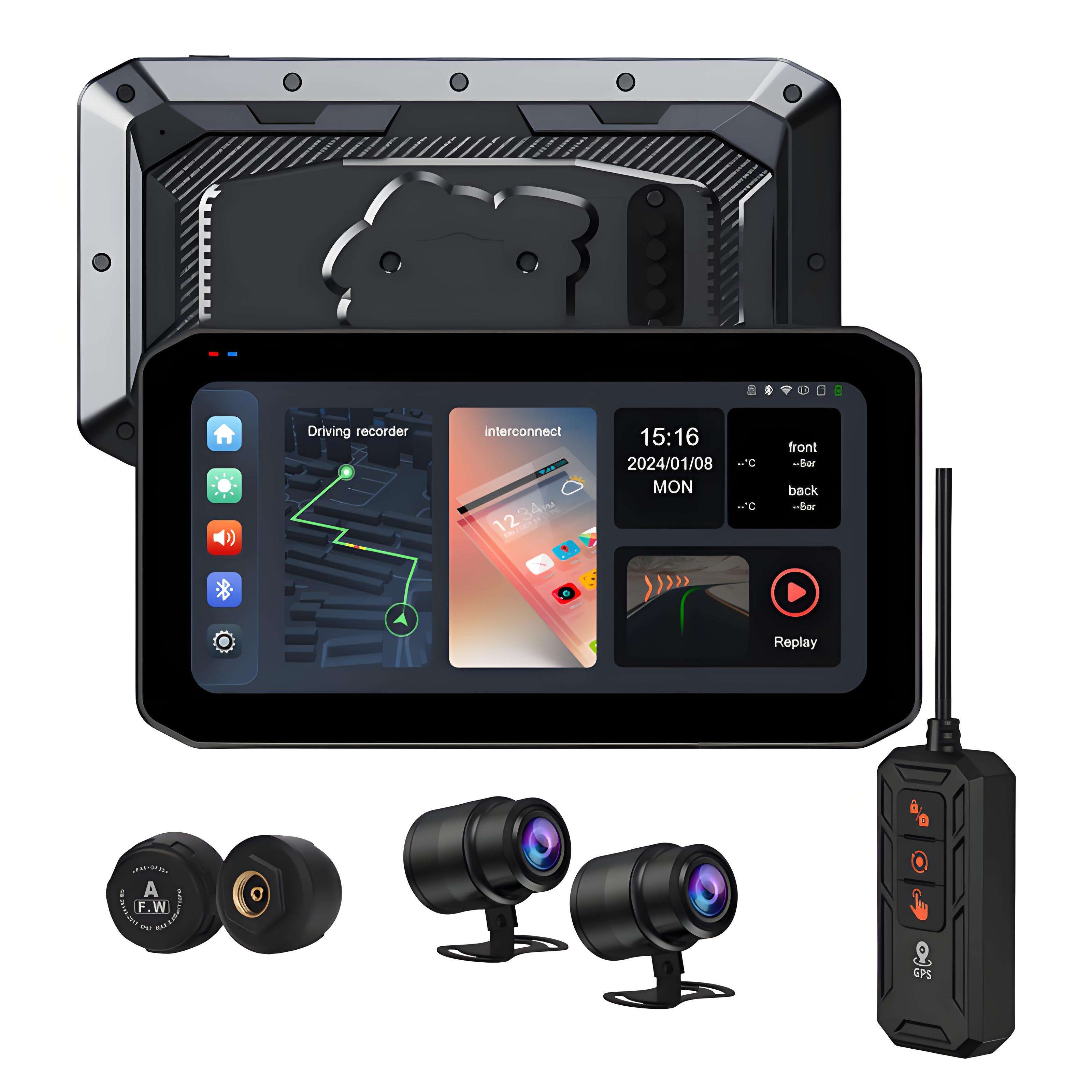 2K+2K(1440P+1440P)беспроводнойCarPlayAndroidAuto6.25"портативныймотоциклетныйвидеорегистраторGPSнавигацияTPMSмониторингдавлениявшинах