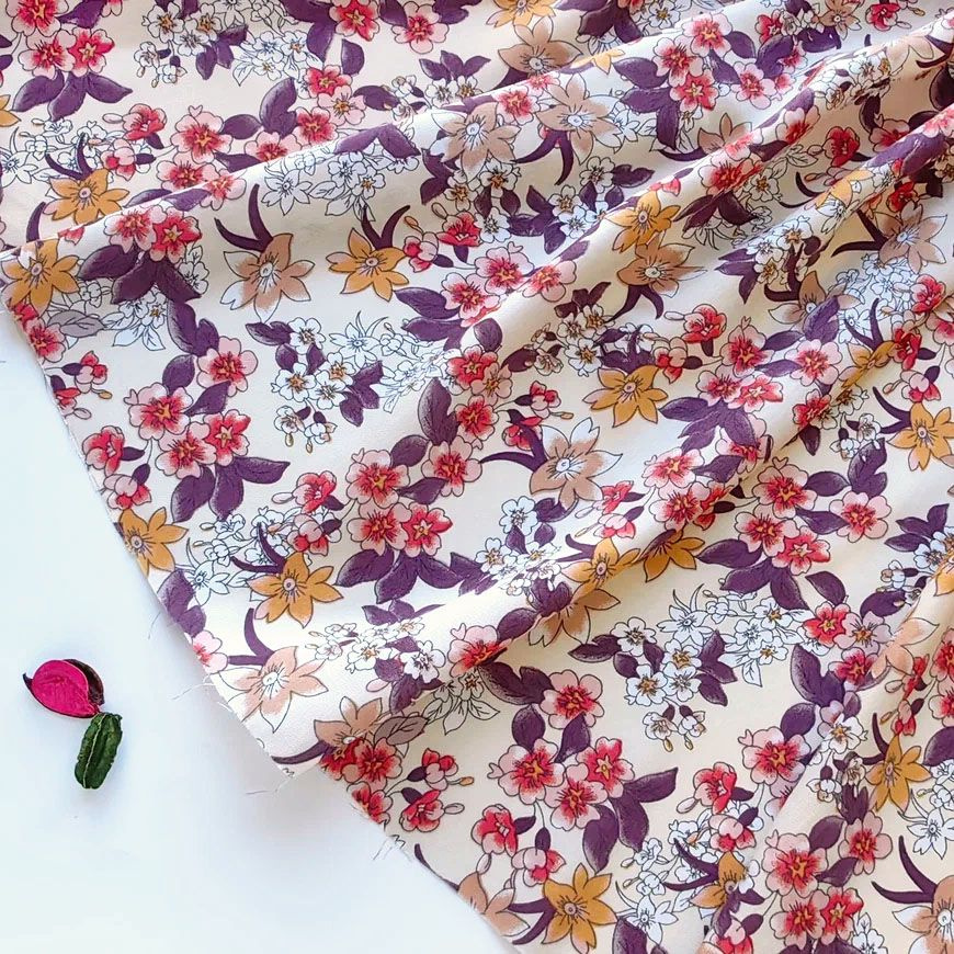 Ткань для шитья Штапель, 100 % Вискоза Палермо, плательная ткань кремовая в цветочек, 2,5 м х 145 см #1