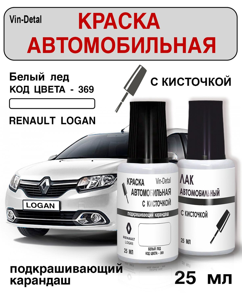 Краска во флакончике с кисточкой для Renault, код 369 (Белый лед)+лак  #1