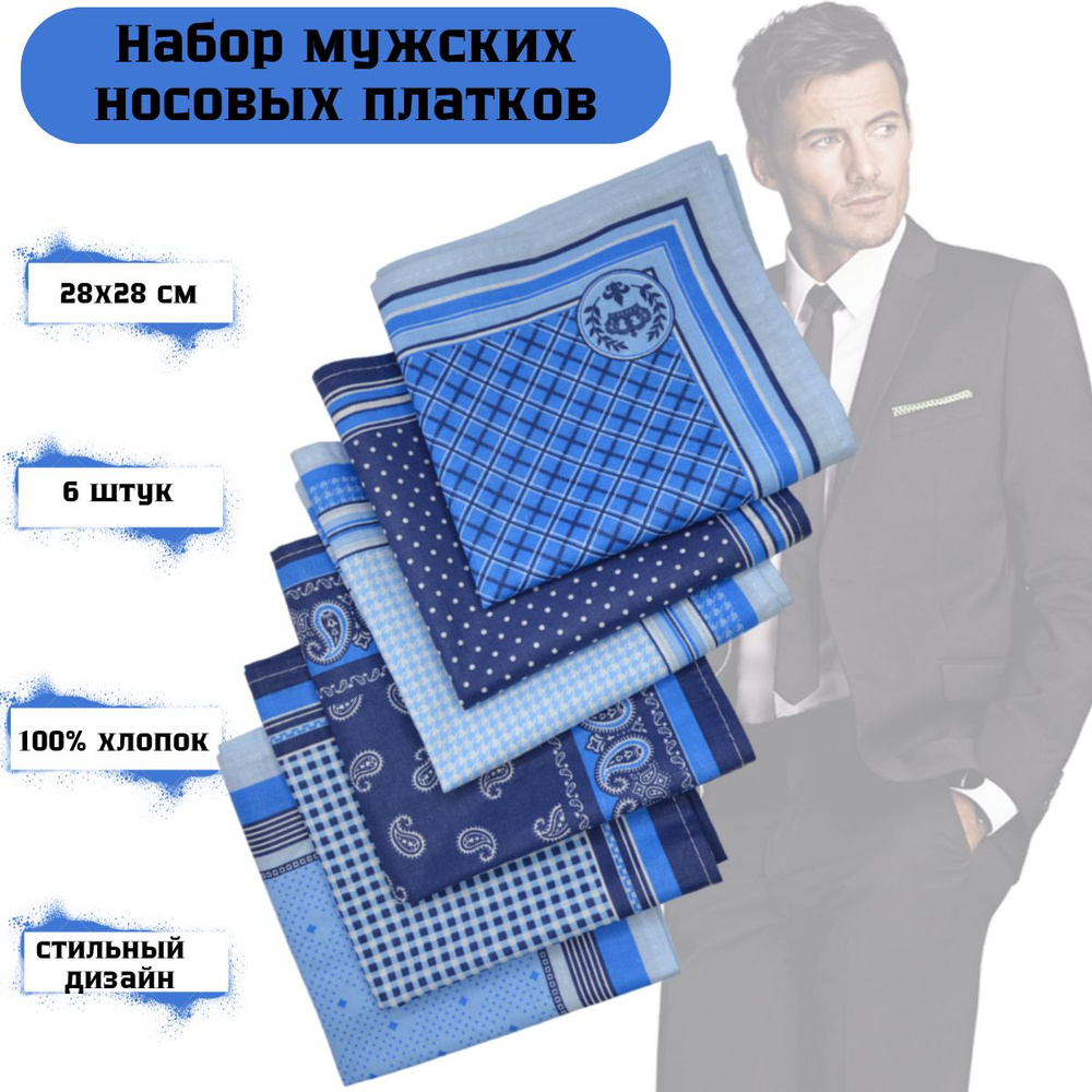 Мужские носовые платки, 6 штук, 28х28 см, 100% хлопок (синий узор)  #1