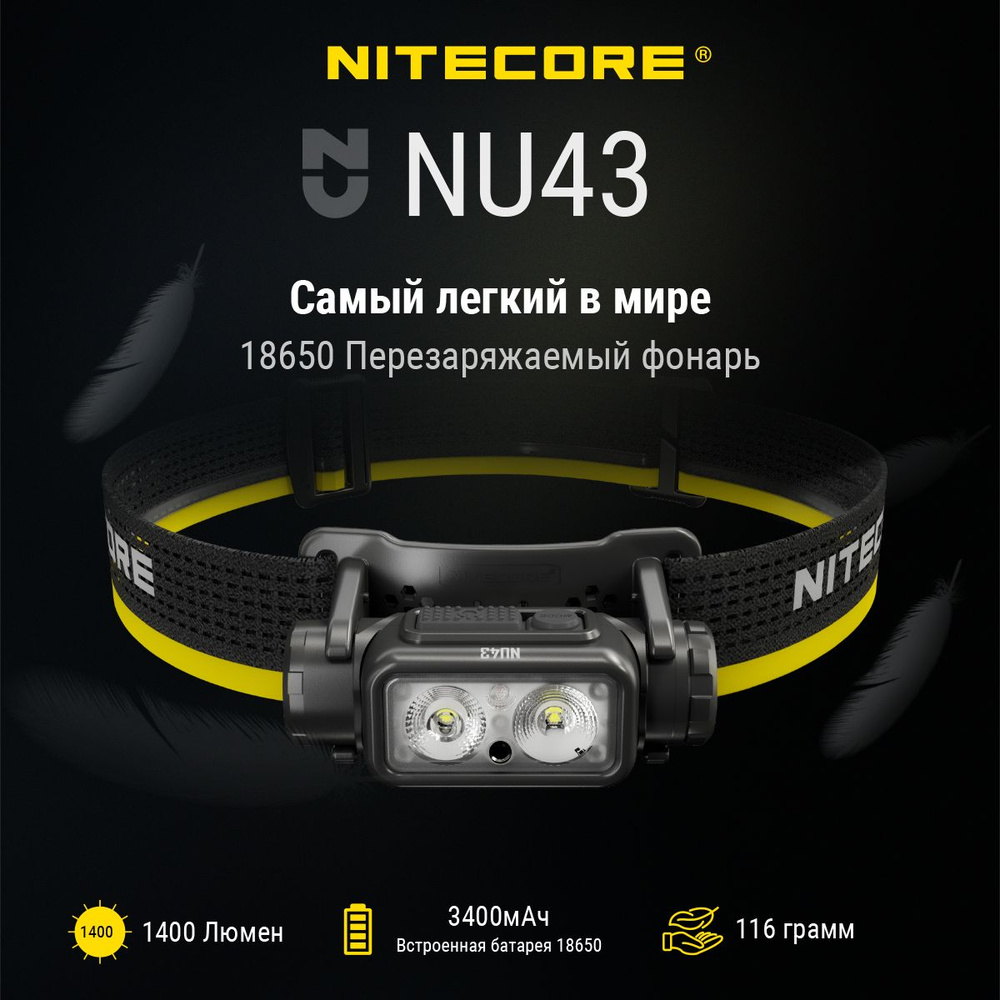 Фонарь налобный светодиодный для рыбалки, охоты и туризма Nitecore NU43 (1400 люмен, дальность 130м) #1