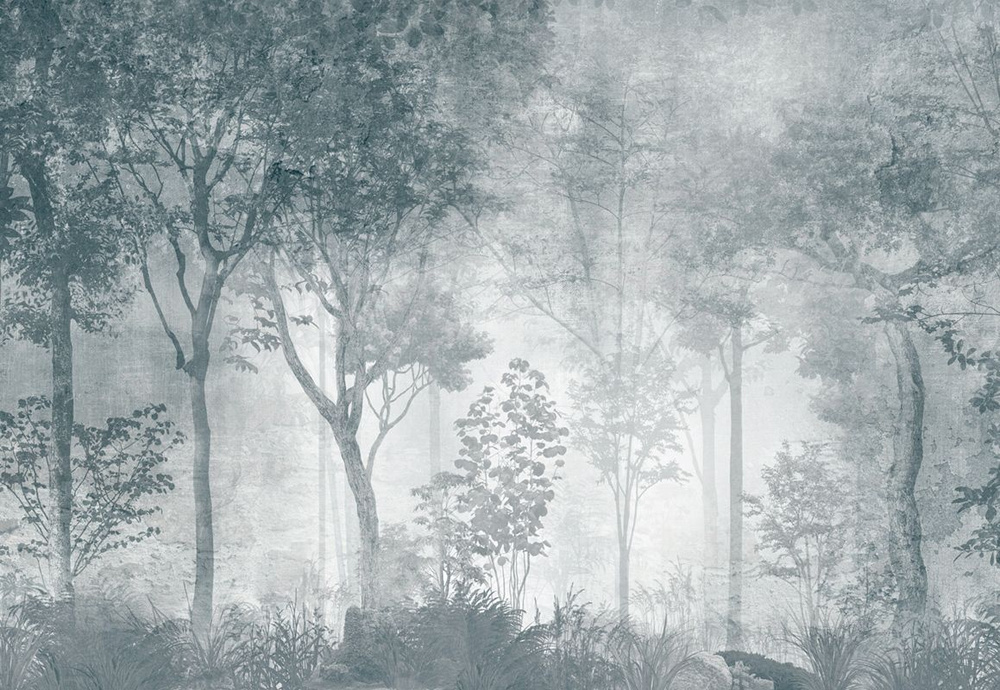 Фотообои флизелиновые на стену 3д GrandPik 10319 Лофт "Лес, деревья в тумане, винтаж, синий" (ШхВ), 420х290 #1
