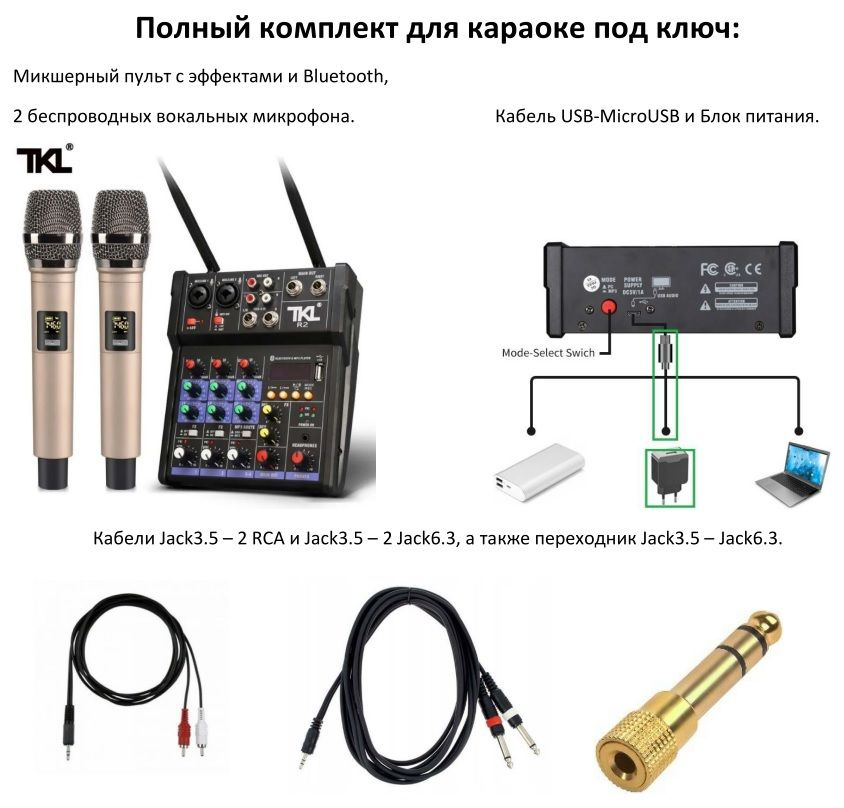 Готовый комплект для домашнего караоке. TKL - микшер с эффектами и Bluetooth, беспроводные микрофоны, #1