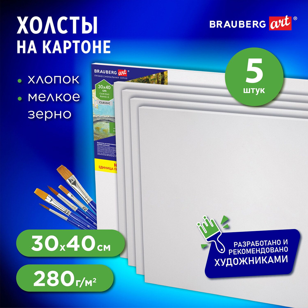 Холст на картоне набор 5 штук 30х40 см, 280 г м2, грунт, 100% хлопок, Brauberg Art Classic  #1